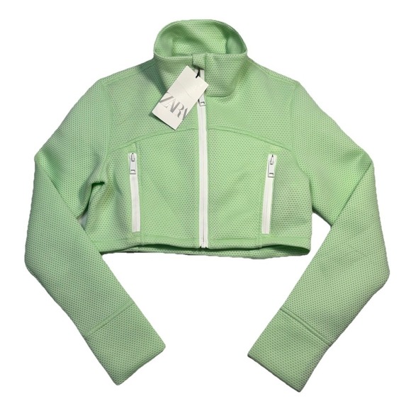 Zara Jackets & Blazers - NWT! Zara Textured Crop Zip Jacket Green Athletic Mock Neck Pockets Womens M